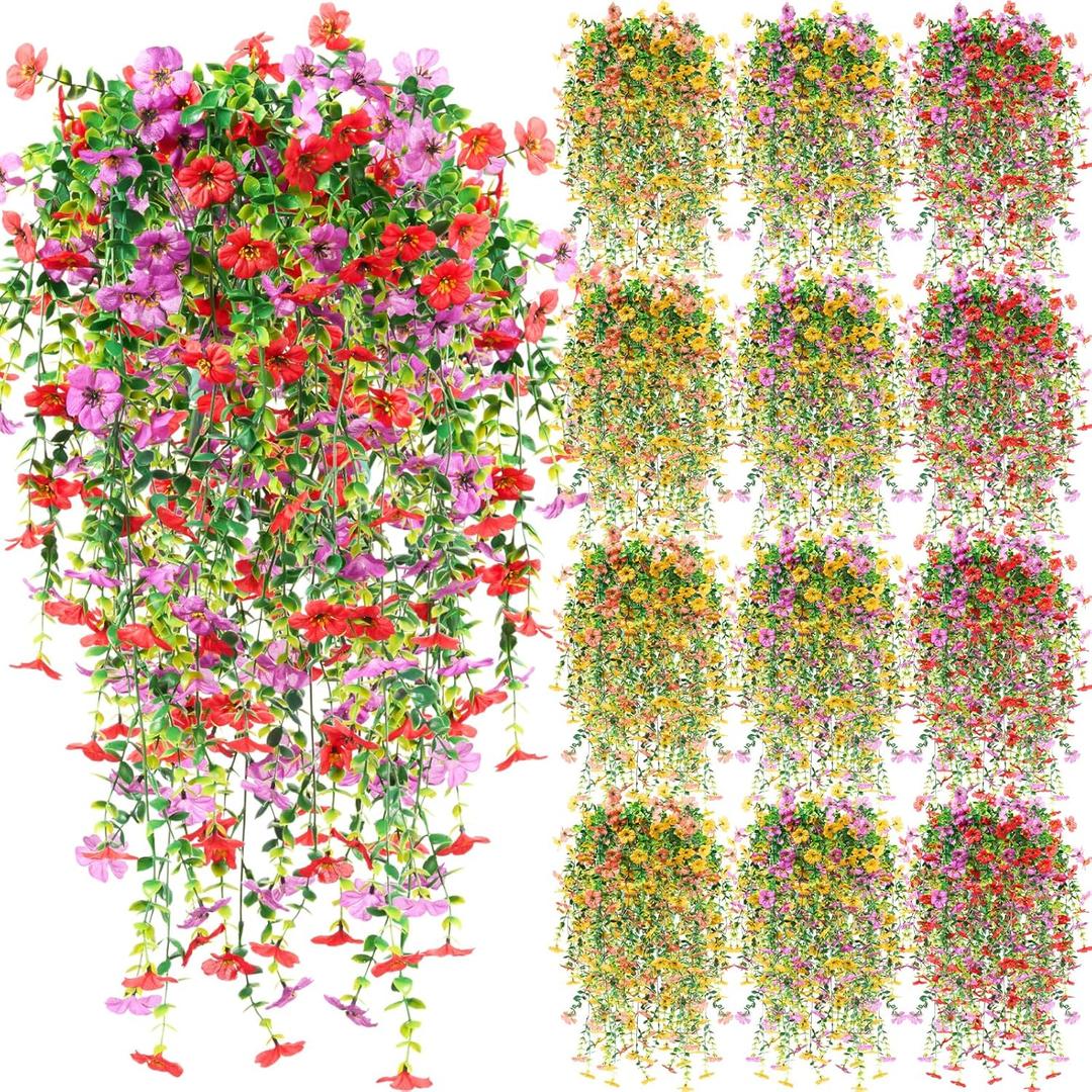 Hoteam 12 Pack Artificial Hanging Flowers Plants for Outdoors 30 Inch UV Resistant Fake Plastic Faux Artificial Plants Bulk for Planter Porch Patio Yard Garden Wedding Wall Indoor (Mixed Colors)