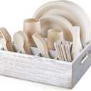 ALELION Rustic White Utensil Holder for Party - Paper Plate Organizer for Countertop - Silverware Caddy with 6 Compartments for Plate Cup Fork Spoon - Cutlery Holder for Camping Buffet