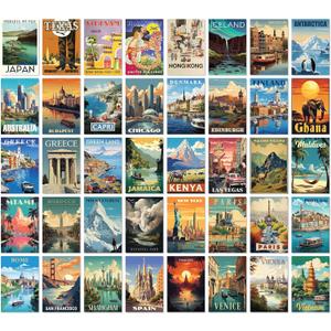 97 Decor Vintage Travel Decor For Home - 40 Pcs Vintage Travel Posters For Classroom, Around The World Wall Art Prints, Retro Geography Destination Collage For Bedroom Dorm Decorations (4x6)