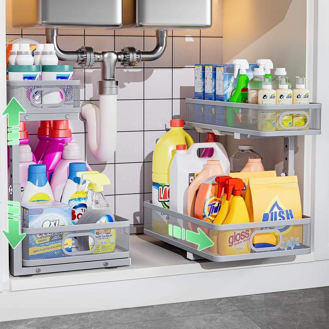 Under Sink Organizer, Height Adjustable 2 Tier Under Sink Organizers and Storage, Slide Out Metal Cabinet Organizers, Pull Out Sink Storage Drawer Shelf for Kitchen Bathroom Cabinet, Grey, 2 Pack (Gray)