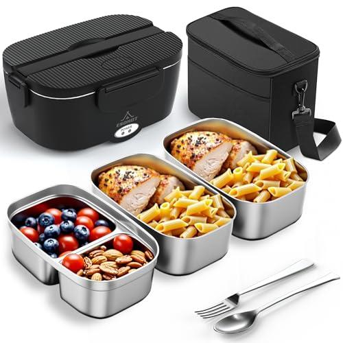 ESOHOT Heated Lunch Box,120W Electric Lunch Box for Adults with 1.5L 304 Stainless Steel Container, 12V/24V/110V Lonchera Eléctrica Portátil for Travel,Work,Car,Truck (Pure Black, 1.5L x 3)