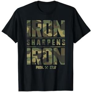 Iron Sharpens Iron Christian Men Camo Scripture Gym Workout T-Shirt, Medium 