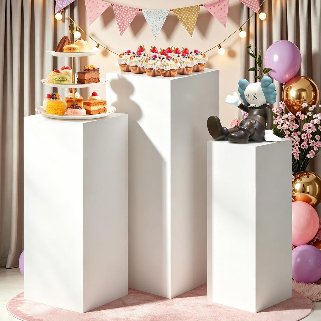 Square Stands for Party, 3Pcs Metal Pleated Pedestal Stand Heavy Duty White Cake Cilindros Para Fiestas Parties Round Display Flower Plant Stand for Wedding Birthday Party Decor