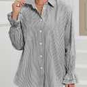 LEMAFER Women's Smocked Cuffed Stripe Boyfriend Button Down Shirts 2025 Collared Ruffle Sleeve Casual Top with Pockets