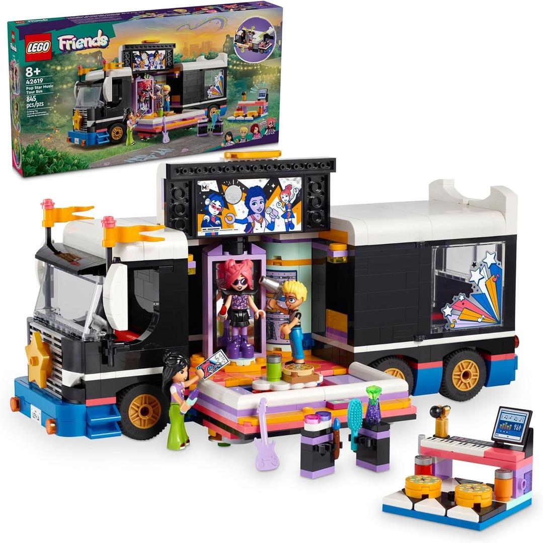 LEGO Friends Pop Star Music Tour Bus Play Together Toy, Social-Emotional Musical Toy with 4 Mini-Doll Characters, Toy Truck Building Kit, Music Gift for 8 Year Old Kids, Girls and Boys, 42619