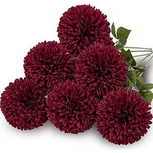 Briful Autumn Artificial Chrysanthemums Ball Flowers 4’’ Large Heads Mums Stems Burgundy Fake Hydrangea Flowers Bridal Wedding Bouquet for Home Garden Party Wedding Fall Decoration, Set of 6