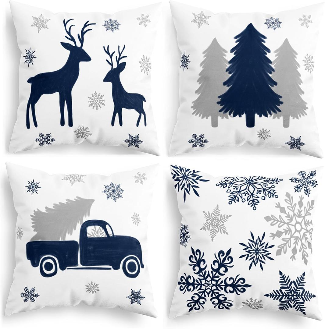 CaliTime Christmas Throw Pillow Covers Decorative 18 X 18 Inches Set of 4 Cozy Fleece Trees Deers Car Snowflakes Cushion Cases for Couch Sofa Bed Living Room Farmhouse Navy Blue