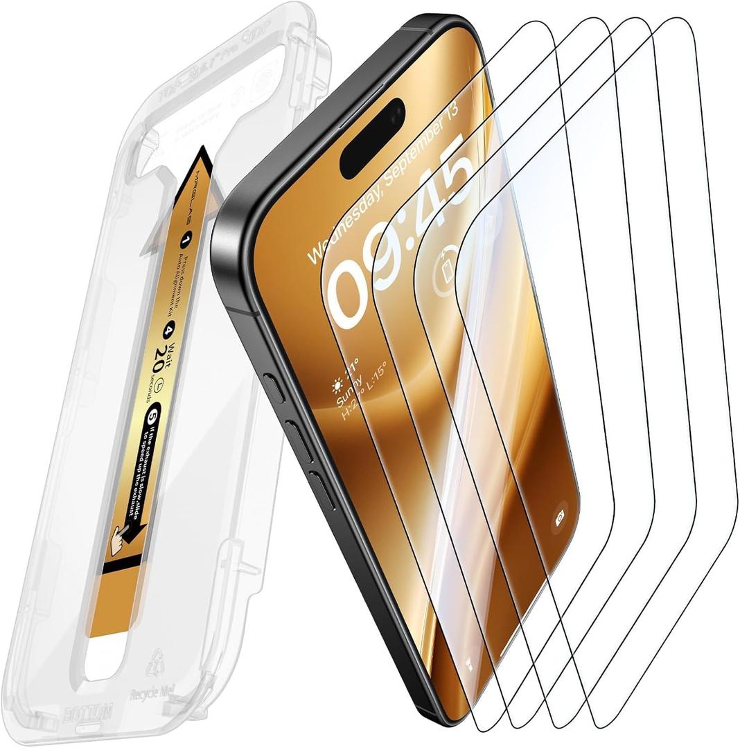 2 x MRGLAS 4-Pack TOP 9H+ Glass for iPhone 16 Plus Screen Protector [Auto Alignment Kit] [10X Military Protection] UNBREAK Tempered Glass Flim for 16 Plus 6.7 inch Longest Durable Case-Friendly