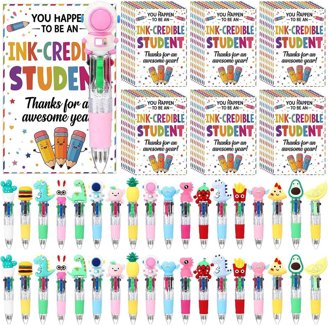 Tenceur 36 Set End of Year Gifts 4 in 1 Color Ballpoint Pens Bulk with 36 Thank You Cards, Cute Cartoon Multi Ink Pens Assorted for Rewards, Teacher Appreciation Gifts, Party Favors Supplies