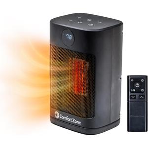 Comfort Zone Digital Desktop Heater, 1500W/1000W, ECO Mode, Thermostat, Remote Control, 12H Timer, Tip-Over & Overheat Protection, Portable Electric Space Heater for Indoor Use, Black