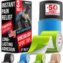 Waterproof Kinesiology Tape - 3 Rolls - Knee Support & Muscle Pain Relief - 16.4 ft Uncut Sports Kinetic Tape for Joint Stability - 50 Instructional Videos (Mixed)