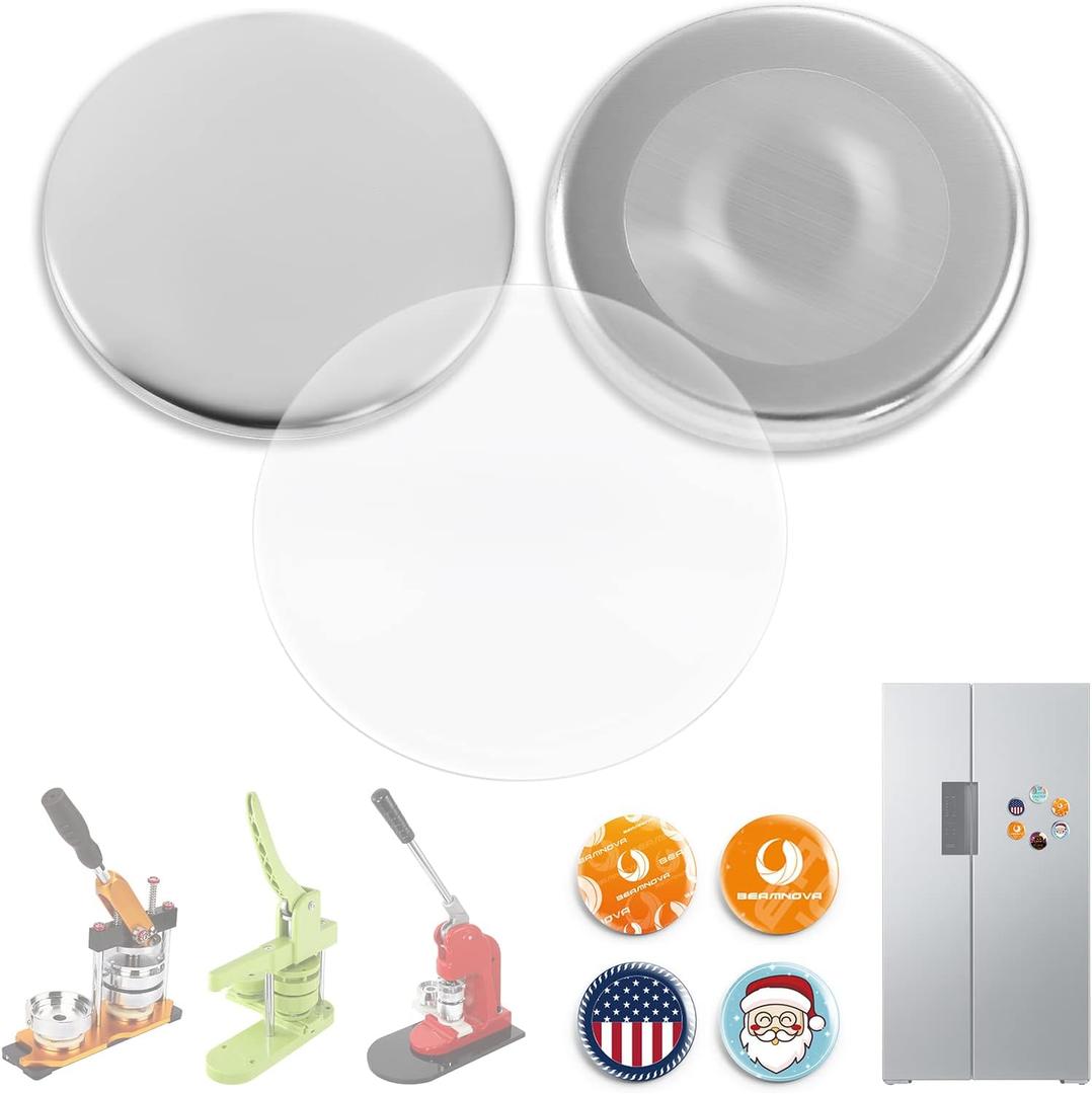 BEAMNOVA 100 Sets 58mm / 2.28 in (Approx. 2-1/4 inch) Button Magnet Supplies for Button Maker Machine, Round Metal Pin Maker Blanks, for DIY Crafts, Gifts, Market Booths (Machine NOT Included)