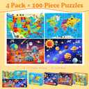 4 Packs 100 Piece Puzzles for Kids Ages 4-6 6-8 8-10, USA World Map Kids Puzzles Ages 3-5 4-6 5-8, Solar System Mars Adventure 100 Piece Puzzle for Adults Seniors, Educational Jigsaw Puzzles 15"x10"