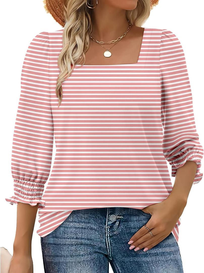 Women Dressy Shirt 3/4 Sleeve Blouse Casual 2025 Fall Fashion Top Square Neck Pleated Loose Fit Business Basic Top (Pink, S)