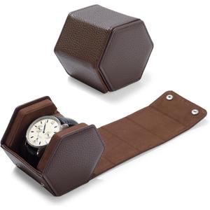 Oirlv Luxury Hexagonal Leather Watch Travel Case Single Watch Box for Men Portable Jewelry Storage Roll Organizer(1-Slot,Brown)