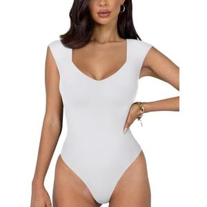 REORIA Butsmooth® Women's Trendy Sexy Casual V Neck Double Lined Sleeveless Slimming Going Out Tank Top Bodysuits , Size Medium