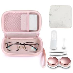 MUQING Portable Glasses and Contact Case 2 in 1, Travel Contact Cases Bag Box Holder, Included Built-in Mirror, Tweezer, Colored Lens Solution Bottle and Hand Strap(Pink)