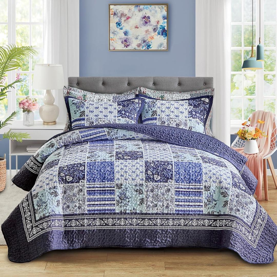 Patchwork Quilt Set Queen Size,3 Pieces Navy Blue White Floral Plaid Reversible American Country Bedspread Coverlet Set for All Season,Summer Soft Colorful Flowers Botanical Microfiber Bedding Set