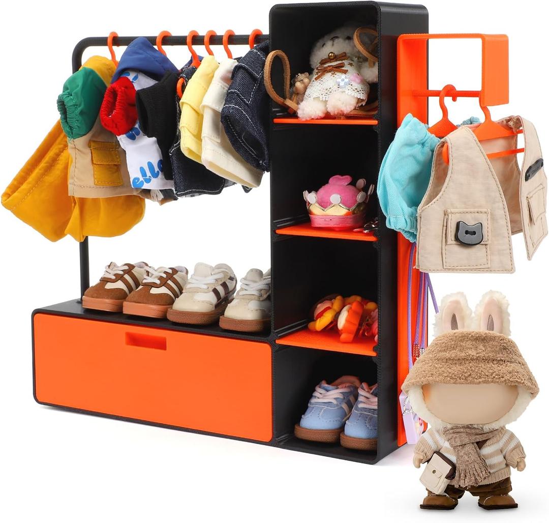 Doll Clothes Closet with 10 Hangers & Rod- Stackable Organizer Cabinet for 15/17cm Doll Clothes Doll Accessories Display Box, Clothes Storage for Figures, Portable Storage for Fashion