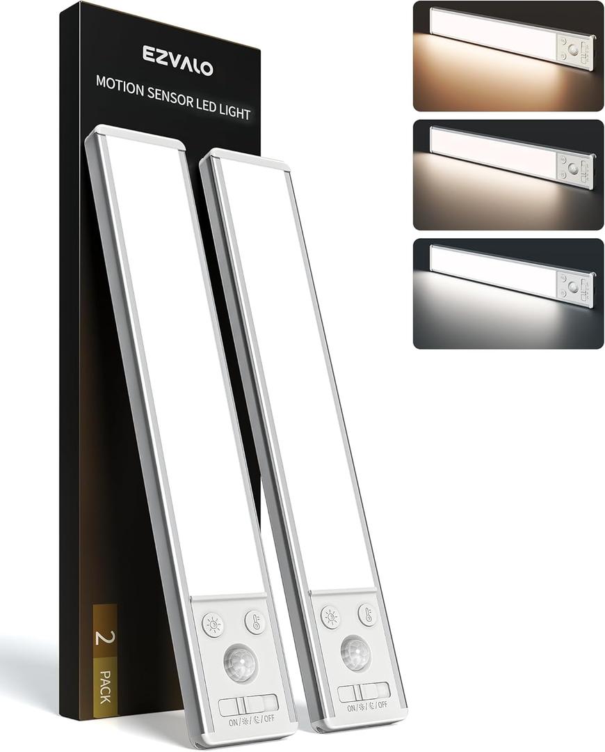 EZVALO 10inch Under Cabinet Lighting, 2500mAh Rechargeable Motion Sensor Lights Indoor with 3 Color Temps, 2 Pack Magnetic Closet Light, 80 LED Dimmable Under Counter Lights for Kitchen, Shelf, Stair (Silver)
