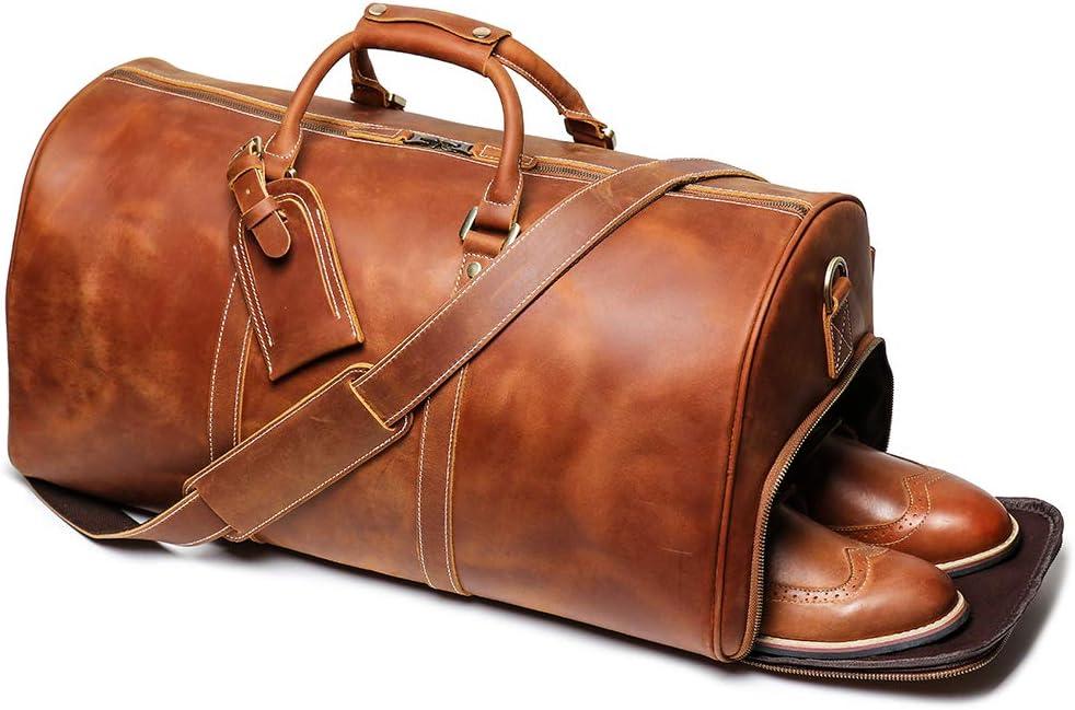 Leather Travel Duffel Bag, Mens Classic Gift Leather Weekend Bag Overnight Full Grain Retro Sport Gym Carry on Luggage YKK Zipper (Brown), Large