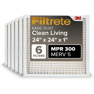 Filtrete 24x24x1 AC Furnace Air Filter, MERV 5, MPR 300, Capture Unwanted Particles, 3-Month Pleated 1-Inch Electrostatic Air Cleaning Filter, 6-Pack (Actual Size23.81x23.81x0.66 in)