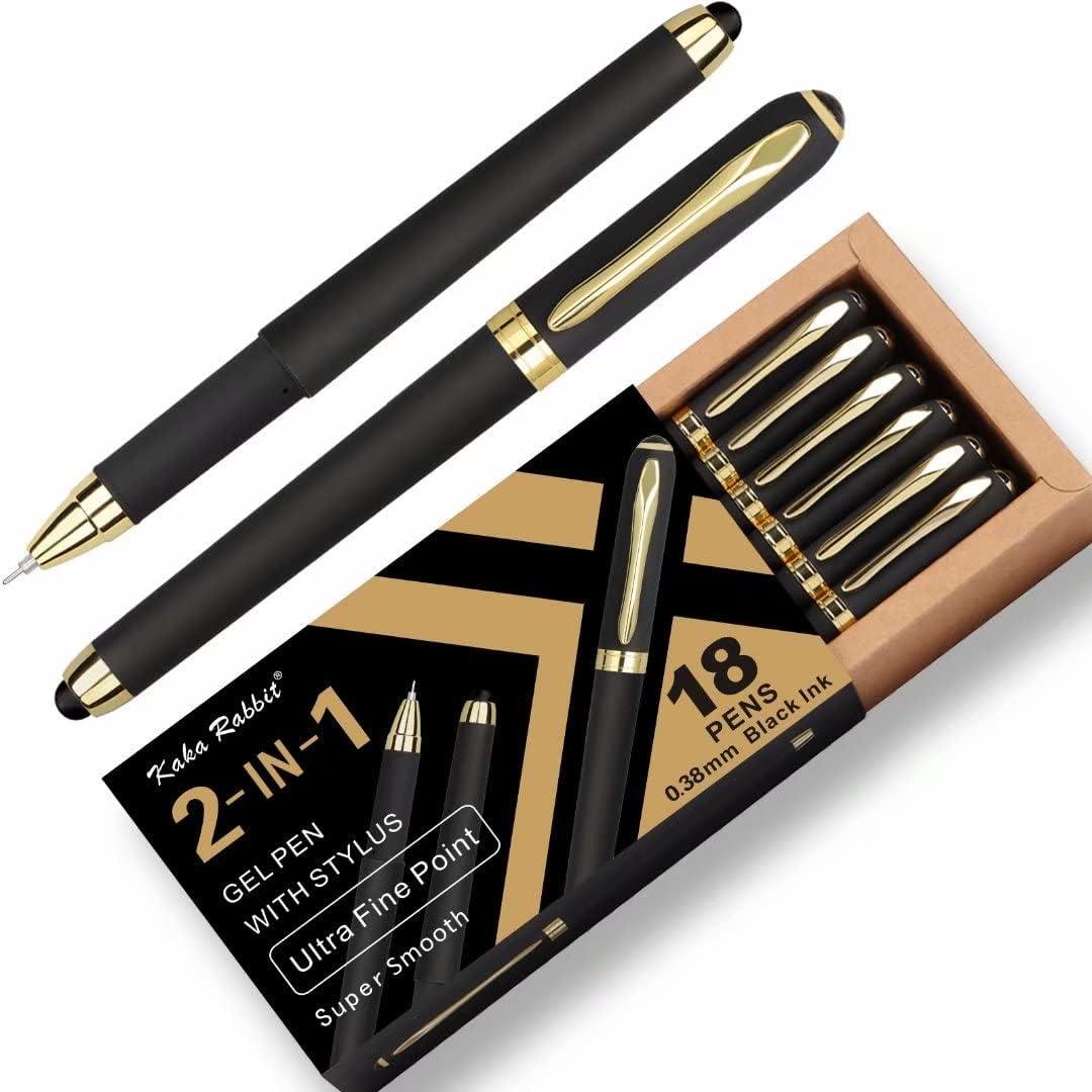 Gel Ink Rollerball Stylus Pen - 18 Pack,0.38mm Gel Pen Extra Fine Point,2 in 1 Capacitive Stylus Pen,Black Ink,Writing Smoothly for Office,Business,Gift,Metal Gold Clip