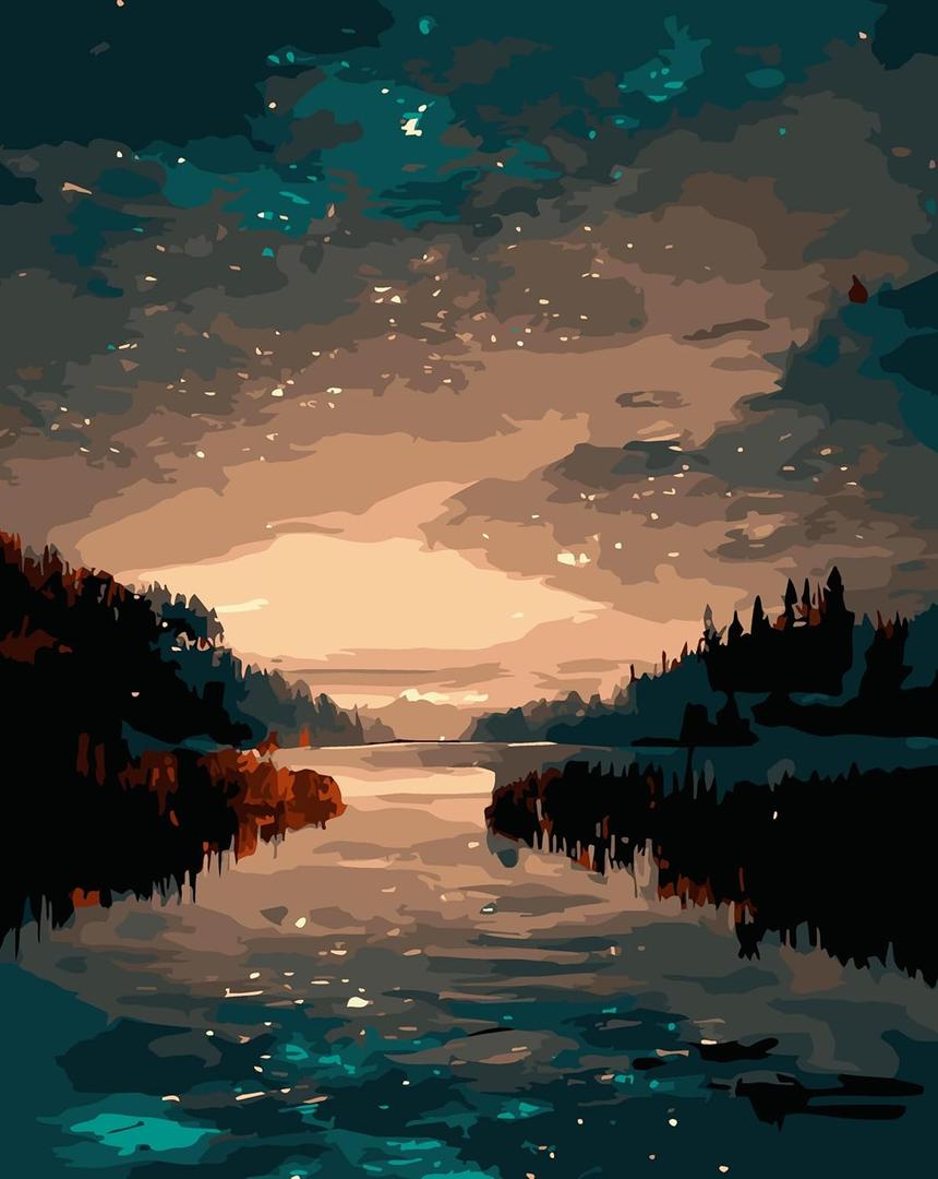 Paint by Numbers Kit for Adults Beginner,Starry Sky River Forest Paint by Number Kits Canvas Without Framed,DIY Acrylic Oil Painting Adults Paint by Numbers Kits for Home Wall Decor 16x20 Inch
