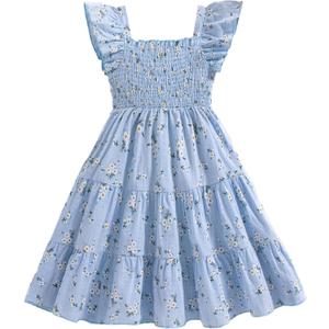 Mioglrie Toddler Girl Dress Summer Outfits Kids Ruffle Cap Puff Sleeves Boho Dresses Casual Sundress for Girls 2-3T (Blue)
