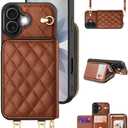 OCASE Compatible with iPhone 17 Crossbody Wallet Case with Card Holder, PU Leather Zipper Handbag Phone Purse with RFID Blocking Kickstand Wrist Strap Lanyard 6.3 Inch, Diamond Check Brown