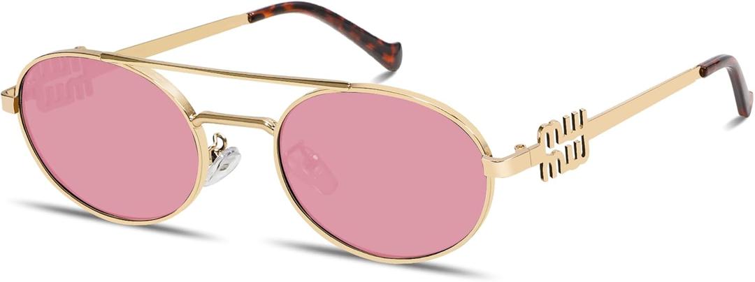 Rmerom Retro Oval 90s Metal Sunglasses for Women, 2026 Trendy Chic Narrow Gold Sun Glasses Fashion Sunnies (Gold Frame - Pink Lens)