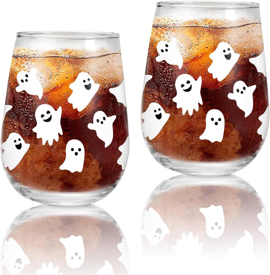 Whaline 2Pcs Halloween Stemless Wine Glasses 17oz White Ghost Drinking Glasses Clear Cute Boo Tumbler Cups for Halloween Party Supplies