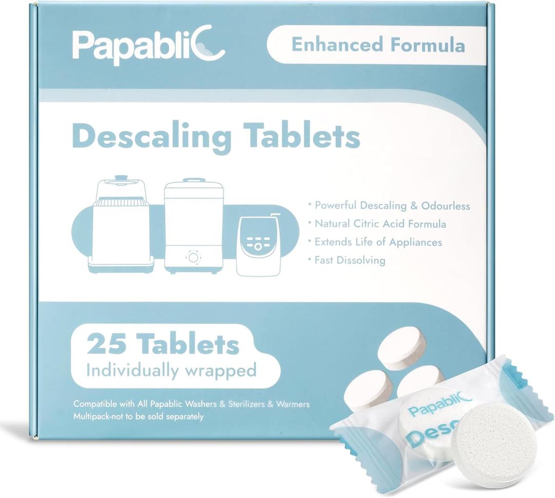 Papablic Descaling Tablets, 25 Count Compatible with Baby Brezza, Momcozy, Bottle Washer, Warmer, Sterilizer & Formula Maker Removes Milk & Limescale for Better Performance
