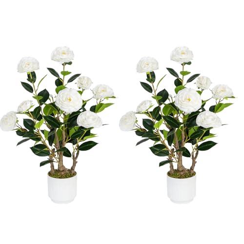Jcezvnt 2 Pack Artificial Camellia Tree with White Pot, 24" Faux Potted Plants for Indoor Outdoor Decor, Tall Silk Greenery Plant for Home Office Living Room Balcony, White