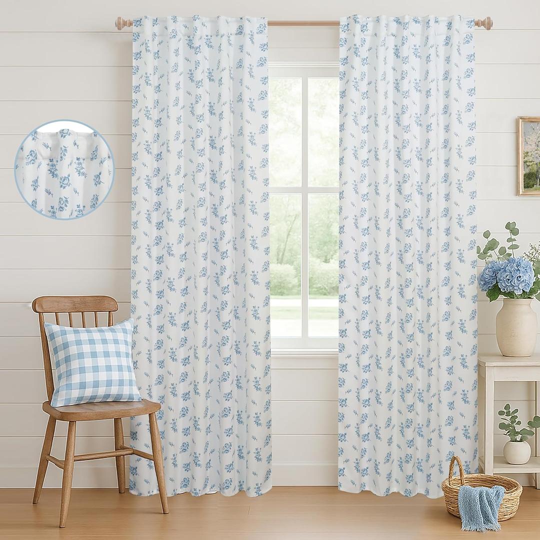 Light Baby Blue Blackout Curtains,Floral Patterned Toile French Country Grandmillennial Grand Millenial Coastal Curtains for Bedroom Nursery Girl 84 Inch Length (38"W x 84"L (Pack of 2))