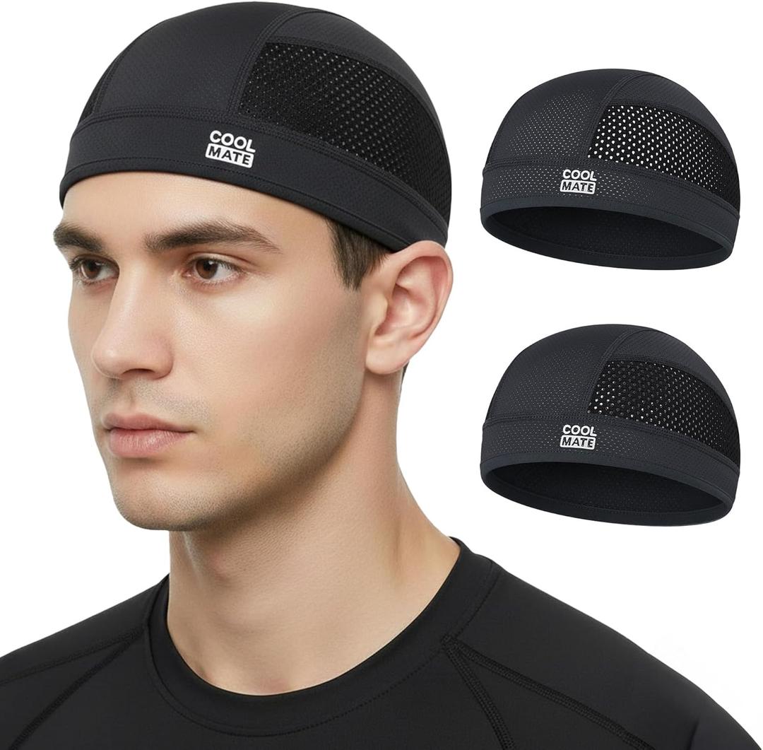 CoolMate Cooling Skull Cap Helmet Liner, Breathable Mesh Stretch Beanie for Cycling, Motorcycle & Hard Hat for Men Women (06. Black & Black (Pack 2))