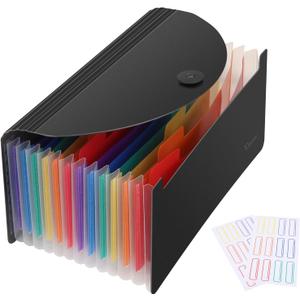 Uquelic Stand Receipt Organizer Folder - 13 Pockets Expanding Coupons Storage/Rainbow Large Capacity Bill Organizer for Desk with Label, in Case I Go Missing Binder Organizer (Black)