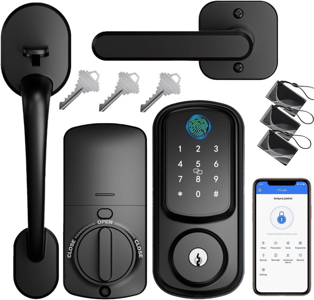 Keyless Entry Door Lock with Handle Set, Keyless Entry Deadbolt with Handle Set, Smart Locks for Front Door Alexa Fingerprint Auto Lock, Black