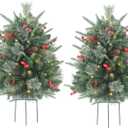 30 Inch Outdoor Prelit Christmas Tree 2 Pack, Battery Operated Small Xmas Tree 100 LED Lights, for Entrances Tabletop Ornaments for Porch Driveway Yard Garden Green