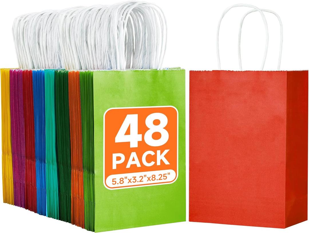 METAPRINT 48 Pcs Rainbow Paper Gift Bags with Handles in Bulk, 5.8x3.2x8.25 inch Small Kraft Paper Bags for Birthdays, Party Favors, Wedding (8 Colors)