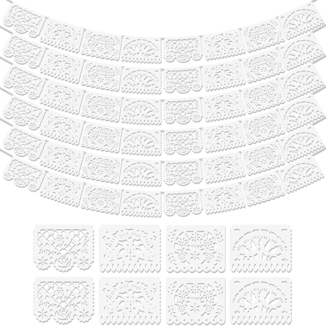 6Pack White Papel Picado Banner, Cinco De Mayo Decoration Plastic Mexican Banner Wedding Fiesta Party Decoration 5 De Mayo Mexican Themed Mexico Birthday Party Decor Supplies - 4 Patterns/90Ft 