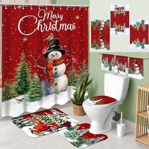 Vesici 7 Pcs Christmas Shower Curtain Set Merry Christmas Bathroom Curtain Non Slip U Shape Rugs Toilet Seat Cover Mat and 3 Towels Waterproof Watercolor Xmas Winter Bathroom Accessories