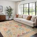 Bavni Washable Rug 8x10 Area Rug for Living Room Bedroom Dining, Washable Vintage Print Carpet, Ultra-Thin Chenille Low Pile Lightweight Rug with Non Slip Backing, Retro Multi