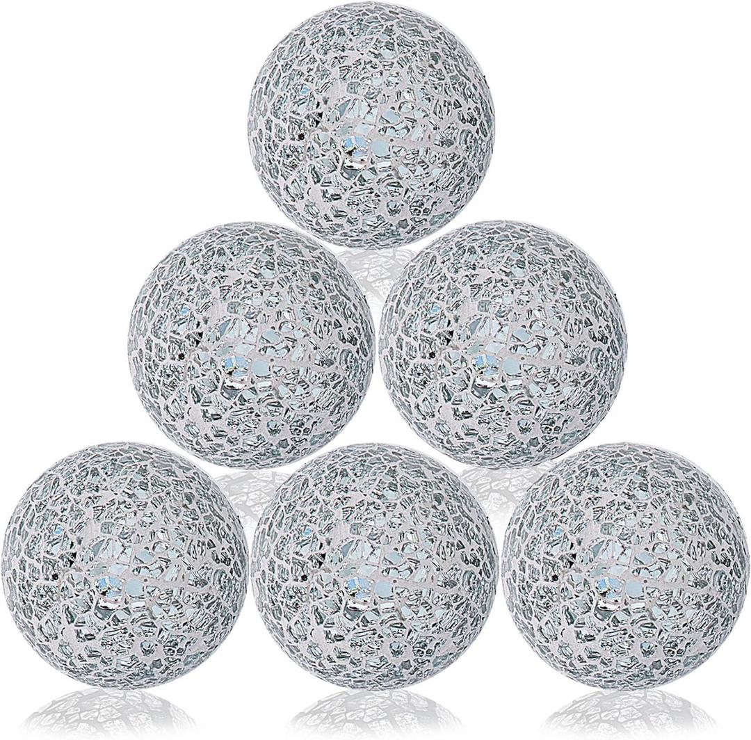 Kesywale 6PCS Decorative Balls Set 2.4 Inches/ 6cm Small Mosaic Spheres Glass Orbs Decorative Balls for Centerpiece Bowls Vases Fillers Dining Coffee Table Wedding Party Decor (Silver White)