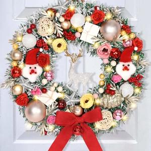 Christmas Decorations-16 Inch Christmas Wreaths for Front Door, Christmas Wreath with Christmas Reindeer Santa Claus Red Bow, Christmas Door Wreath with Christmas Balls Flowers Indoor Outdoor Decor