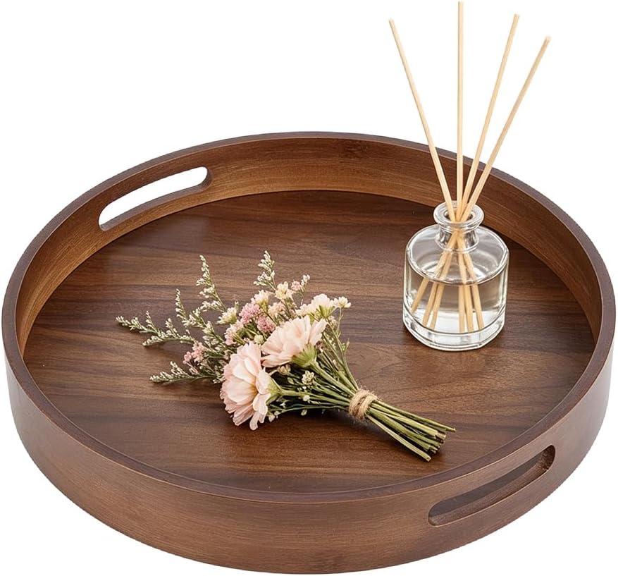 OLYCRAFT Round Wooden Serving Tray with Handles 13.8 Inch Round Decorative Tray Wooden Coffee Table Trays Vintage Brown Decorative Trays for Coffee Table Ottoman Kitchen Counter Bathroom