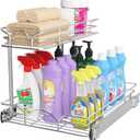 OCG Under Sink Cabinet Organizer Two Tier Pull Out Shelf (14.75W x 21D), Under Sink Sliding Shelf for Kitchen Bathroom Cabinet 2 Tier Chrome