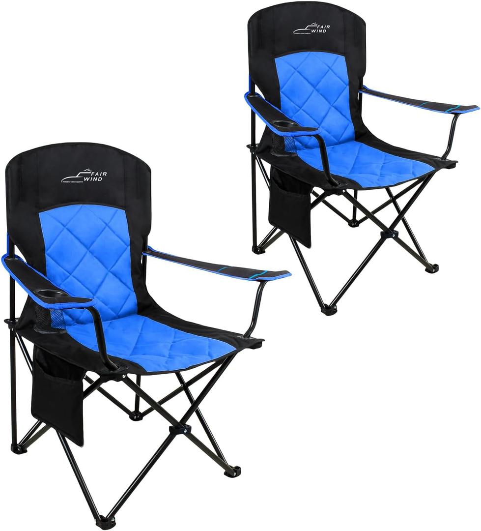 FAIR WIND Camping Chair 2 Pack 400 LBS Capacity Fully Padded Portable Chair with Side Pocket & Cup Holder, Heavy Duty Lawn Chair for Outside, Tailgating,Beach, Sports
