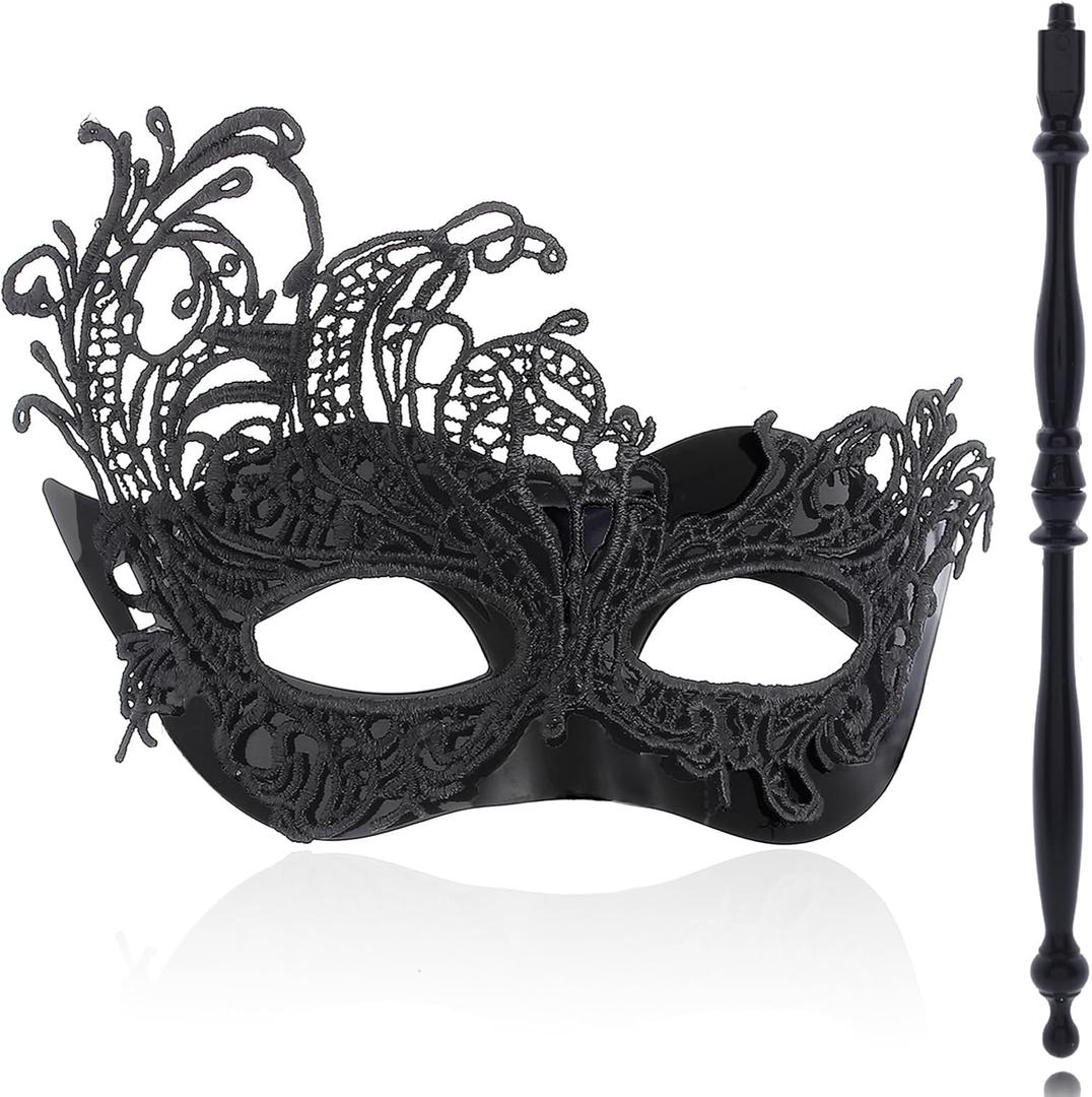 Black Masquerade Mask with Stick, Lace Handheld Antifaz, Cosplay Fashion Shows Accessories for Women (Phoenix)