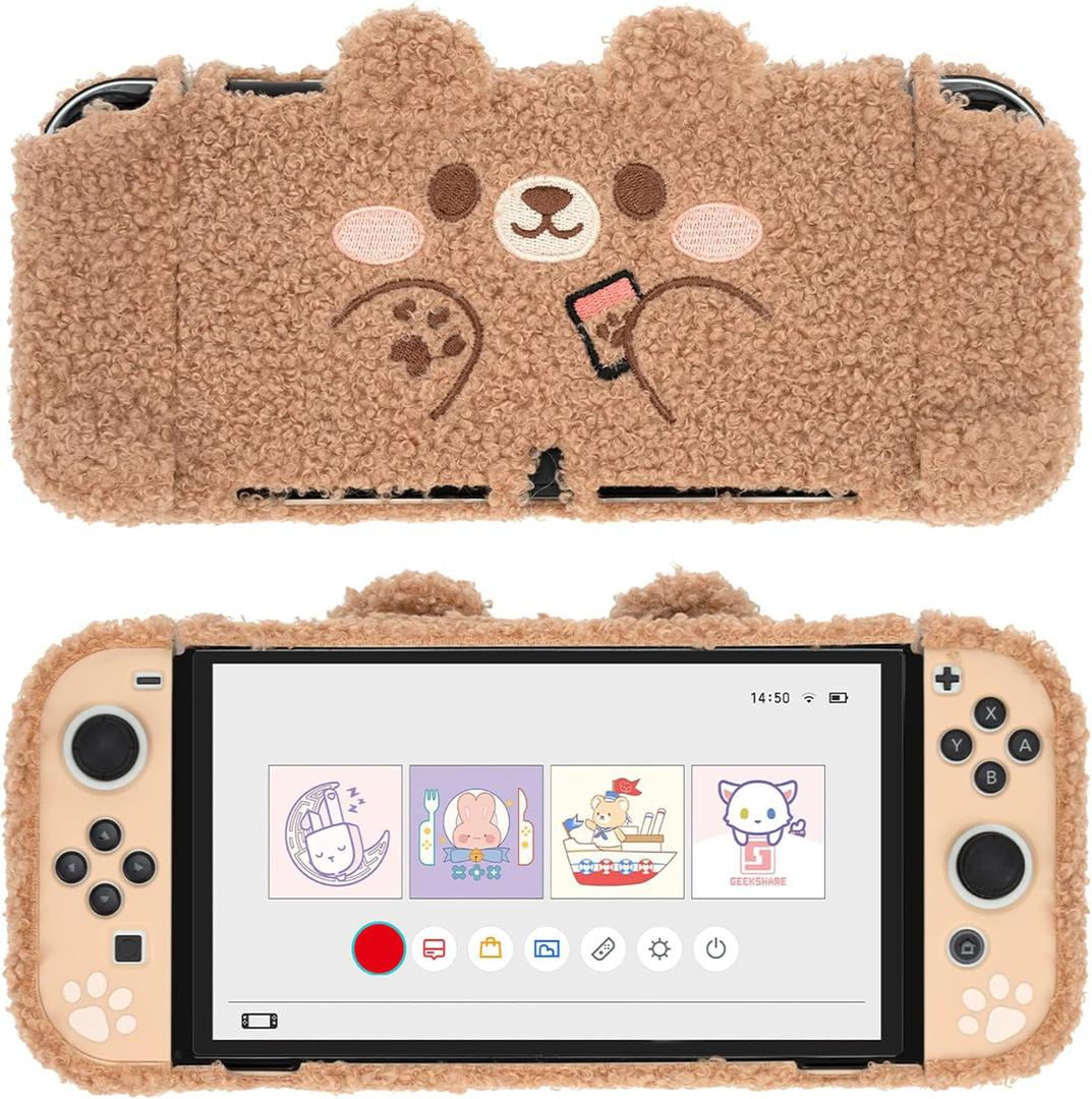 GeekShare Cute Plush Protective Case Cover Compatible with Switch - Shock-Absorption and Anti-Scratch - Plush Bear (for Switch OLED)